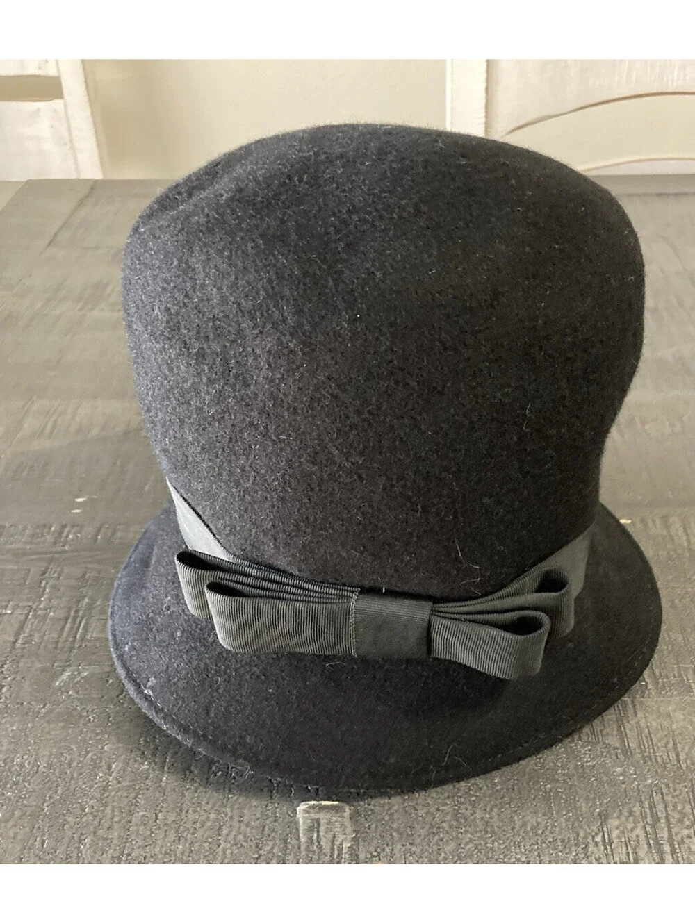 Vintage Womens Black Wool Bowler Derby Hat Bow Union Made Large Mid Century Neco